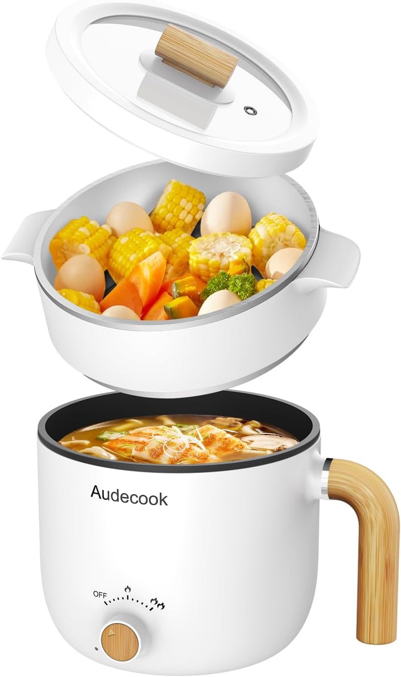 Audecook Hot Pot Electric with Steamer, 1.5L Portable Nonstick Rapid Noodles Cooker, Travel Electric Skillet with Dual Power Control for Ramen/Pasta/Soup/Steak/Egg/Oatmeal (White) - Image 1